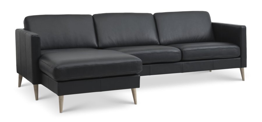 Asksett 51 3D sofa, med sjeselong - svart semianilinskinn og naturlig tre.