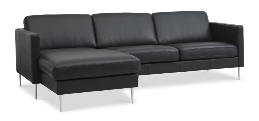 Asksett 51 3D sofa, med sjeselong - svart semianilinskinn og brstet aluminium
