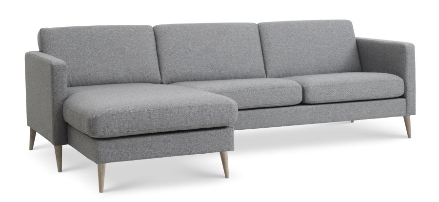 Asksett 51 3D sofa, med sjeselong - lys granittgr polyesterstoff og naturlig tre