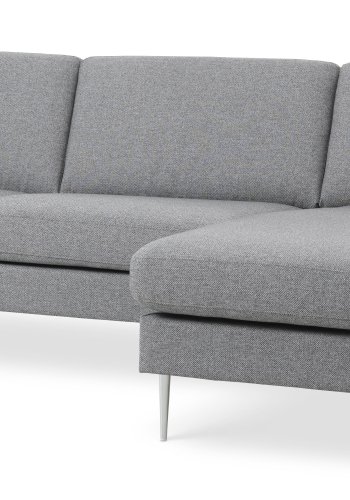 Asksett 51 3D sofa, m. sjeselong - lys granittgr polyesterstoff og brstet aluminium