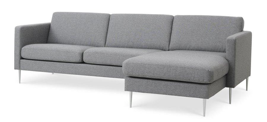 Asksett 51 3D sofa, m. sjeselong - lys granittgr polyesterstoff og brstet aluminium