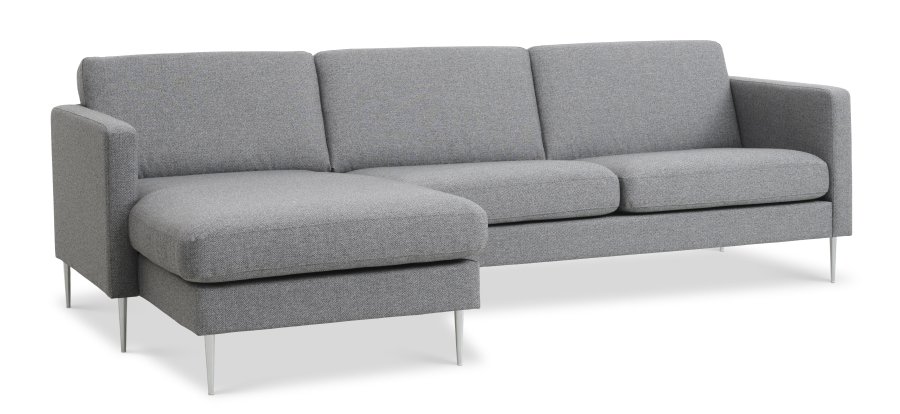 Asksett 51 3D sofa, m. sjeselong - lys granittgr polyesterstoff og brstet aluminium