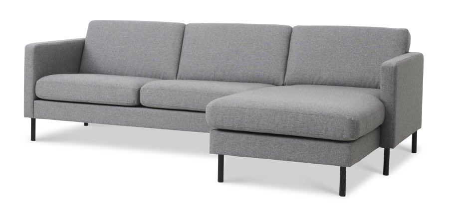 Asksett 51 3D sofa, m. sjeselong - lys granittgr polyesterstoff og sort metall