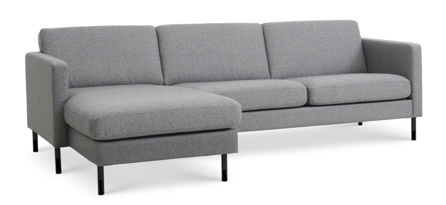 Asksett 51 3D sofa, m. sjeselong - lys granittgr polyesterstoff og sort metall