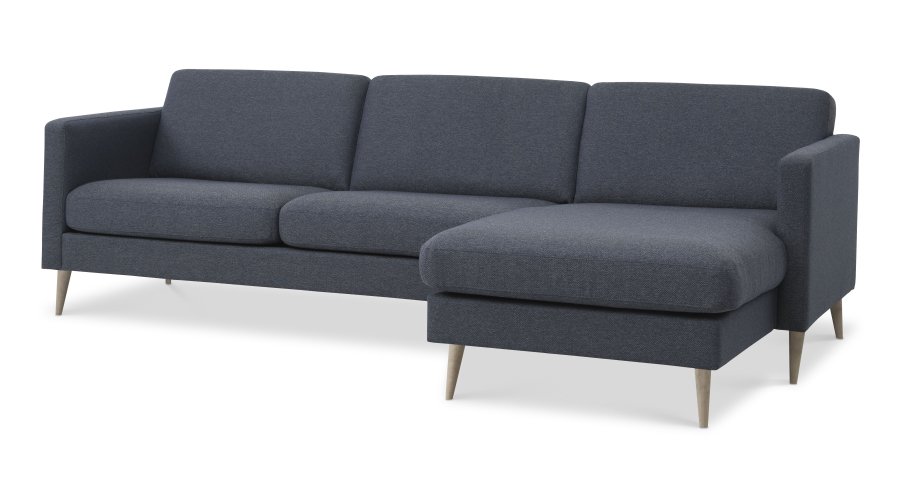 Asksett 51 3D sofa, med sjeselong - marinebltt polyesterstoff og naturlig tre