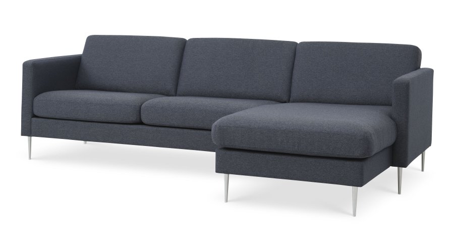 Asksett 51 3D sofa, m. sjeselong - marinebltt polyesterstoff og brstet aluminium