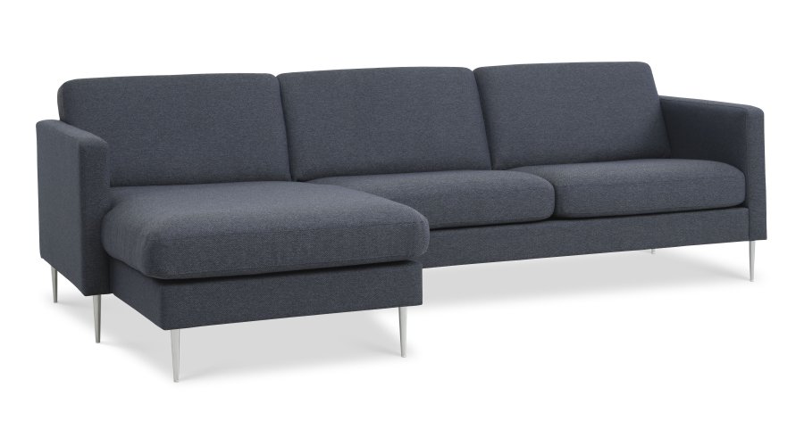 Asksett 51 3D sofa, m. sjeselong - marinebltt polyesterstoff og brstet aluminium