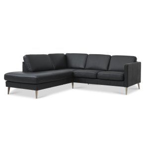 Askset 52 liten OE-soffa, med vänster schäslong - svart semianilinläder och naturligt trä
