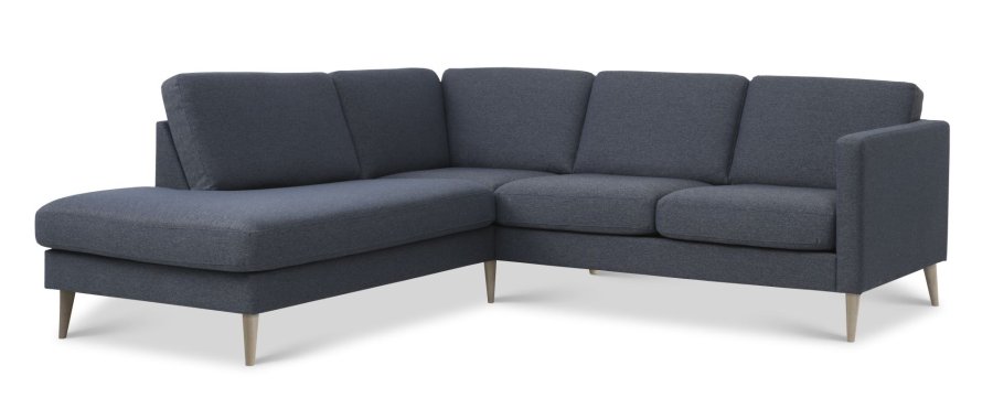Asksett 52 liten OE sofa, med venstre sjeselong - marinebltt polyesterstoff og naturlig tre