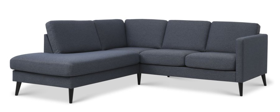 Asksett 52 liten OE sofa, med venstre sjeselong - marinebltt polyesterstoff og sort tre