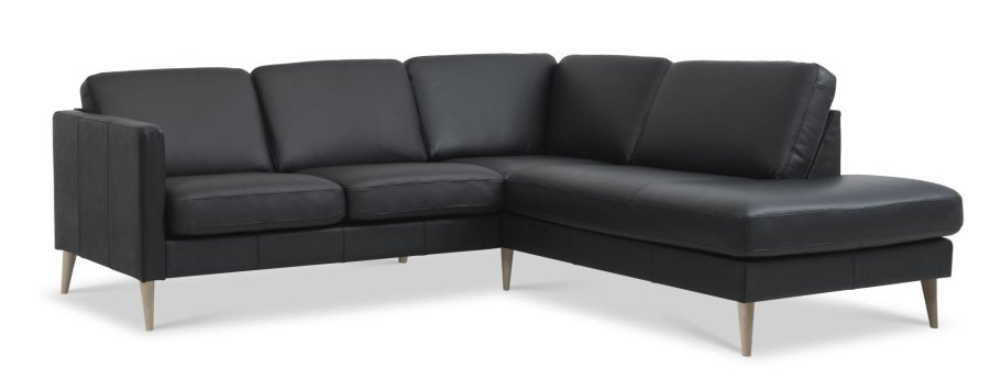Asksett 53 liten OE sofa, med hyre sjeselong - svart semianilinskinn og naturlig tre
