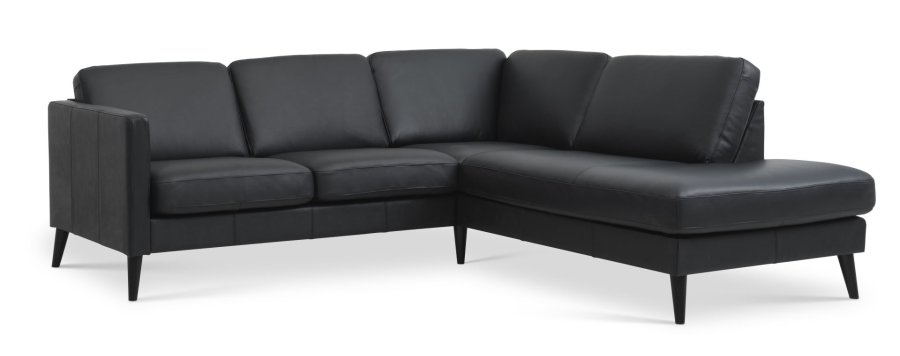 Asksett 53 liten OE sofa, med hyre sjeselong - svart semianilinskinn og svart tre