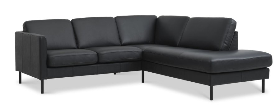 Asksett 53 liten OE sofa, med hyre sjeselong - svart semianilinskinn og svart metall