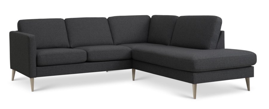 Asksett 53 liten OE sofa, med hyre sjeselong - antrasittgr polyesterstoff og naturlig tre