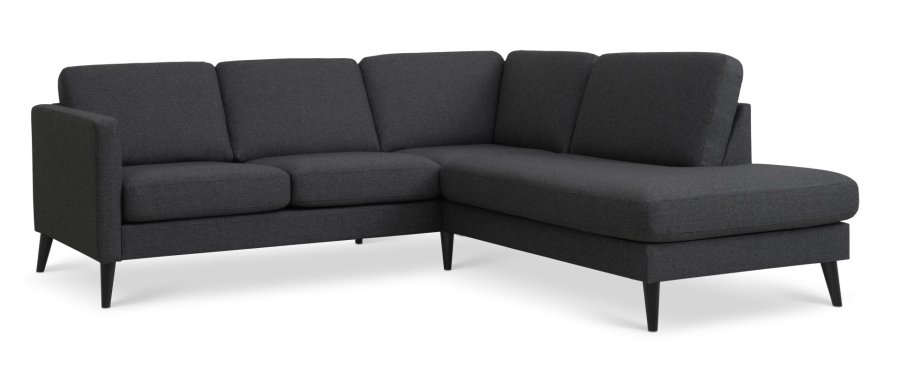 Asksett 53 liten OE sofa, med hyre sjeselong - antrasittgr polyesterstoff og svart tre