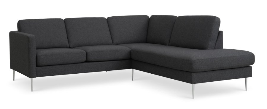 Asksett 53 liten OE sofa, med hyre sjeselong - antrasittgr polyesterstoff og brstet aluminium