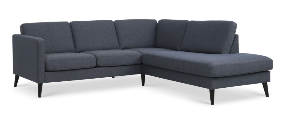 Asksett 53 liten OE sofa, med hyre sjeselong - marinebltt polyesterstoff og sort tre