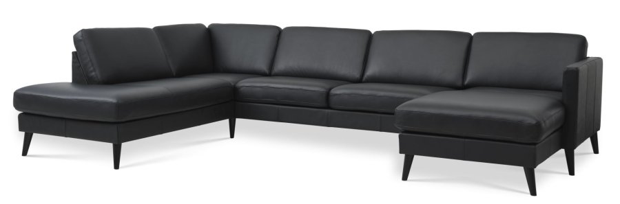 Asksett 54 U OE sofa, m venstre sjeselong - sort semianilinskinn og sort tre