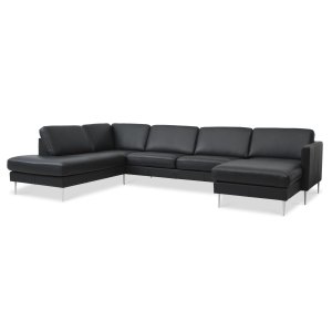 Asksett 54 U OE sofa, m venstre sjeselong - sort semianilinskinn og brstet aluminium