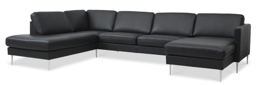 Asksett 54 U OE sofa, m venstre sjeselong - sort semianilinskinn og brstet aluminium