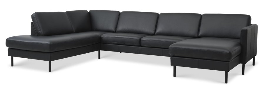 Asksett 54 U OE sofa, med venstre sjeselong - svart semianilinskinn og svart metall