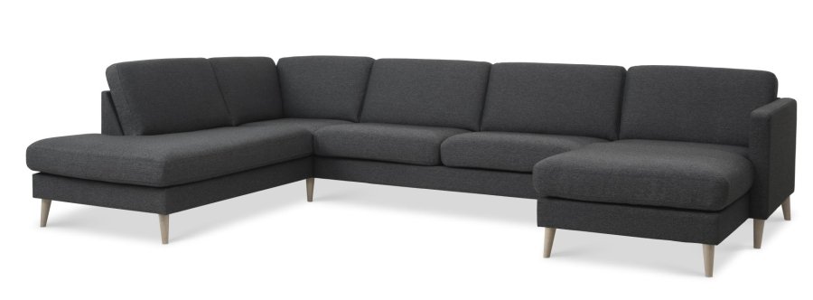 Asksett 54 U OE sofa, med venstre sjeselong - antrasittgr polyesterstoff og naturlig tre