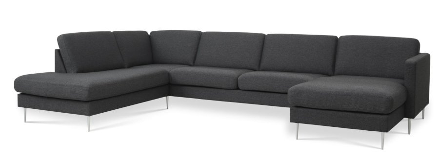 Asksett 54 U OE sofa, med venstre sjeselong - antrasittgr polyesterstoff og brstet aluminium