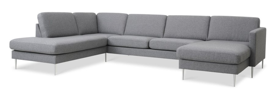 Asksett 54 U OE sofa, med venstre sjeselong - lys granittgr polyesterstoff og brstet aluminium