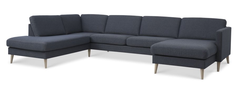 Asksett 54 U OE sofa, med venstre sjeselong - marinebltt polyesterstoff og naturlig tre