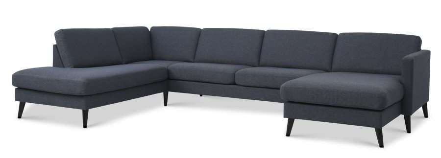 Asksett 54 U OE sofa, med venstre sjeselong - marinebltt polyesterstoff og sort tre