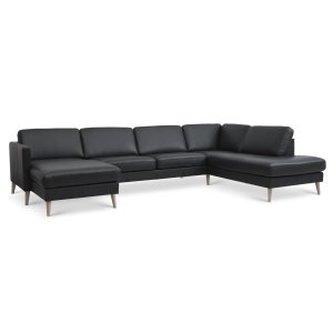 Ask st 55 U OE sofa, m. hjre chaiselong - sort semianilin lder og natur tr