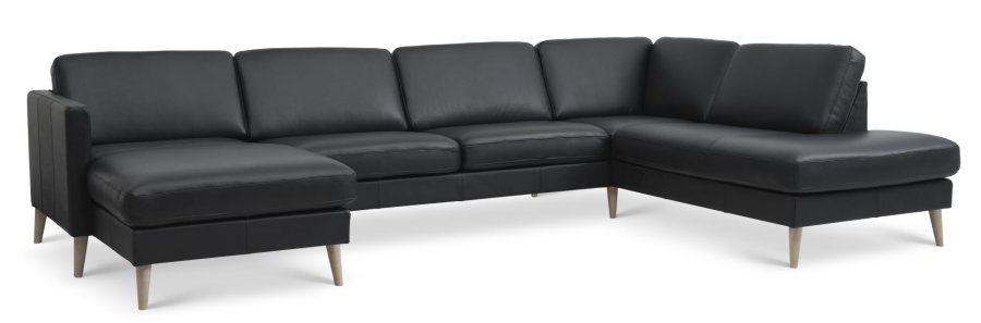 Asksett 55 U OE sofa, med hyre sjeselong - svart semianilinskinn og naturlig tre