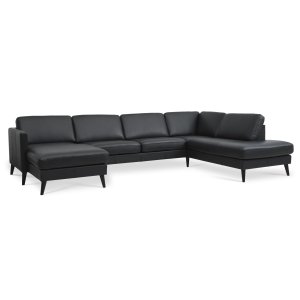 Asksett 55 U OE sofa, med hyre sjeselong - svart semianilinskinn og svart tre