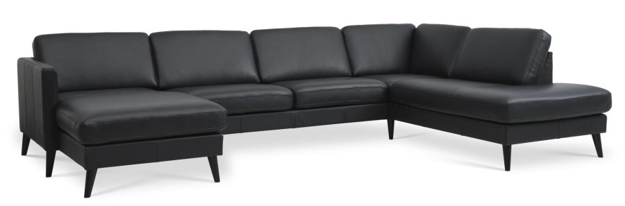 Sofaset 55 U OE aus Esche, mit Chaiselongue rechts – schwarzes Semianilinleder und schwarzes Holz