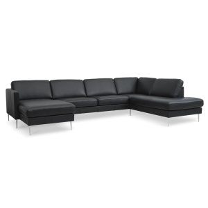Asksett 55 U OE sofa, med hyre sjeselong - svart semianilinskinn og brstet aluminium