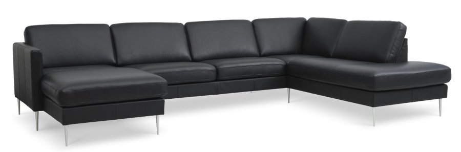 Asksett 55 U OE sofa, med hyre sjeselong - svart semianilinskinn og brstet aluminium
