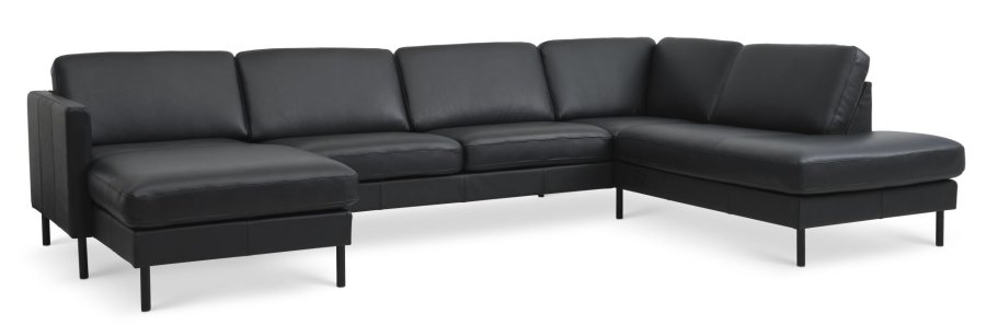 Asksett 55 U OE sofa, m hyre sjeselong - sort semianilinskinn og sort metall