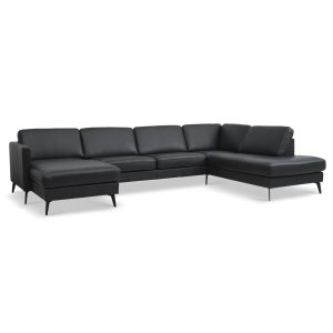 Asksett 55 U OE sofa, med hyre sjeselong - svart semianilinskinn og Eiffel-ben