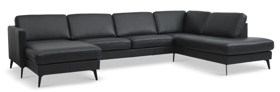 Asksett 55 U OE sofa, med hyre sjeselong - svart semianilinskinn og Eiffel-ben