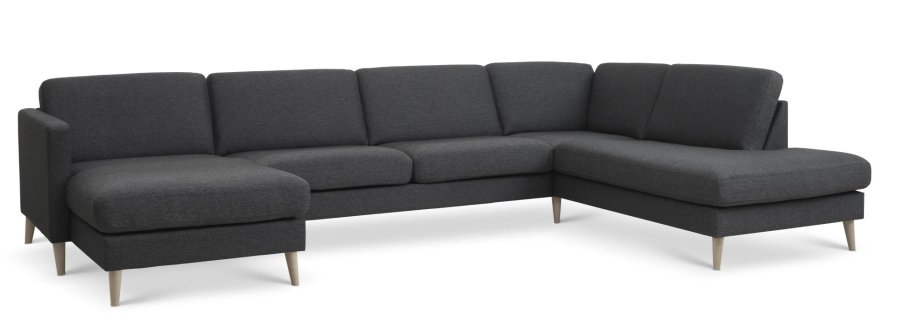 Asksett 55 U OE sofa, med hyre sjeselong - antrasittgr polyesterstoff og naturlig tre