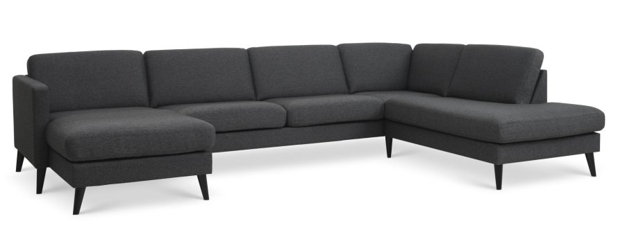 Sofaset 55 U OE aus Esche, mit Chaiselongue rechts – anthrazitgrauer Polyesterstoff und schwarzes Holz