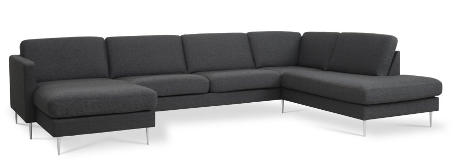 Asksett 55 U OE sofa, med hyre sjeselong - antrasittgr polyesterstoff og brstet aluminium