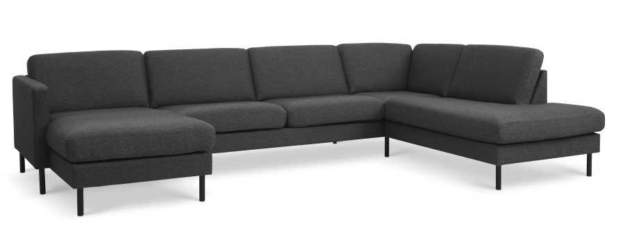 Asksett 55 U OE sofa, med hyre sjeselong - antrasittgr polyesterstoff og svart metall