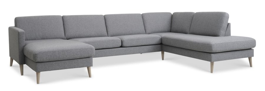 Asksett 55 U OE sofa, med hyre sjeselong - lys granittgr polyesterstoff og naturlig tre
