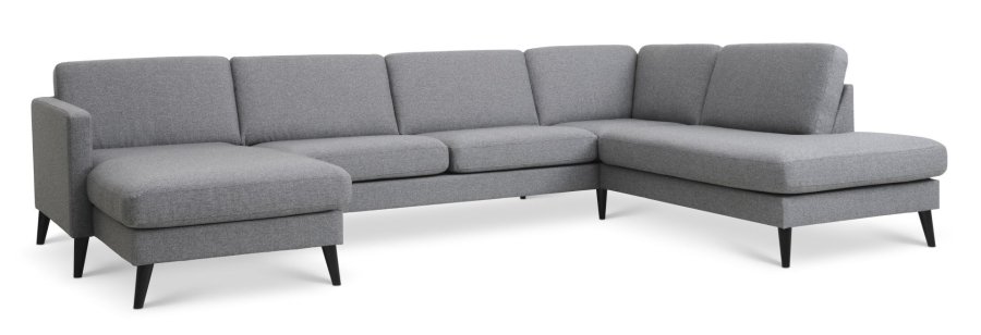 Asksett 55 U OE sofa, med hyre sjeselong - lys granittgr polyesterstoff og sort tre