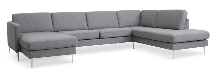 Asksett 55 U OE sofa, med hyre sjeselong - lys granittgr polyesterstoff og brstet aluminium
