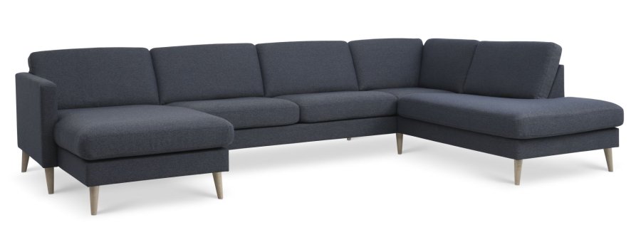 Asksett 55 U OE sofa, med hyre sjeselong - marinebltt polyesterstoff og naturlig tre
