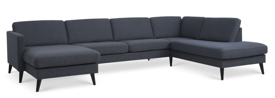 Asksett 55 U OE sofa, med hyre sjeselong - marinebltt polyesterstoff og sort tre