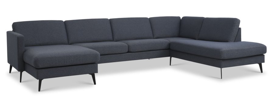 Asksett 55 U OE sofa, med hyre sjeselong - marinebltt polyesterstoff og Eiffel-ben