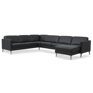 Asksett 56 U 2C3D sofa - svart semianilinskinn og naturlig tre